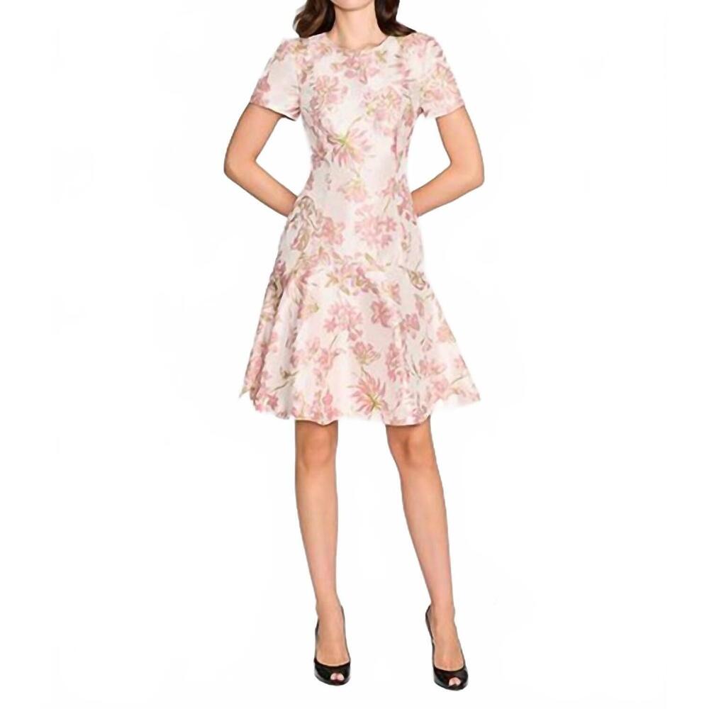 NEW BIGIO COLLECTION floral jacquard short sleeve flare hem cocktail dress in pi